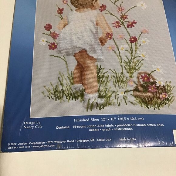 Janlynn Girl With Cosmos Counted Cross Stitch Kit New 12x16 - Picture 3 of 4